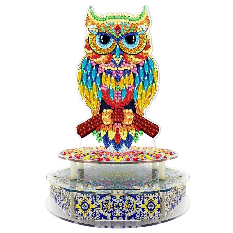 Owl Standing on Branch DIY Diamond Painting Mechanical Music Box with LED Light