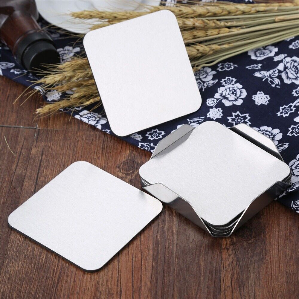 6pcs/Set Stainless Steel Coaster Cup Mats Pads Non-slip Pad With Holder Square