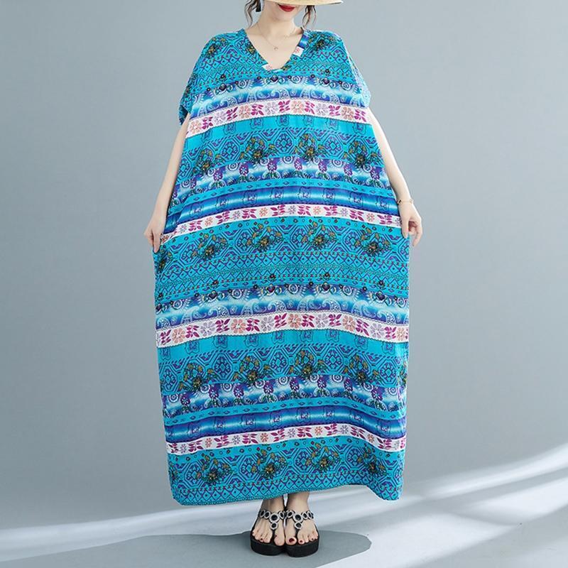 Women Short Sleeve Kaftan Dress Floral V-Neck Loose Maxi Robe Swimsuit Cover Up