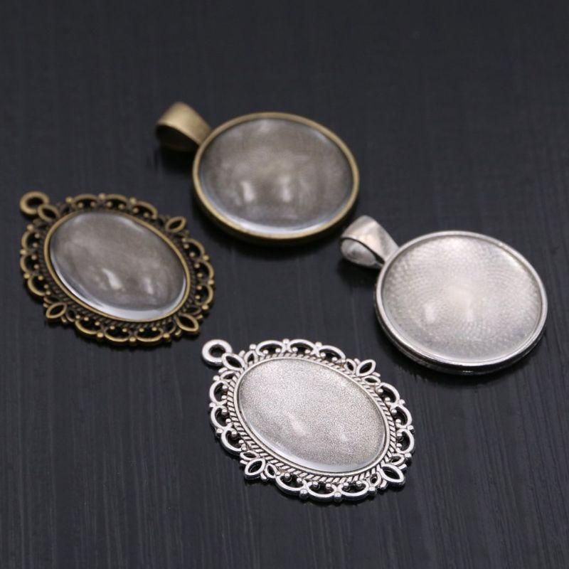 64Pc Oval Round Pendant Tray Bezel with Glass Cabochon Dome Tiles Jewelry Making