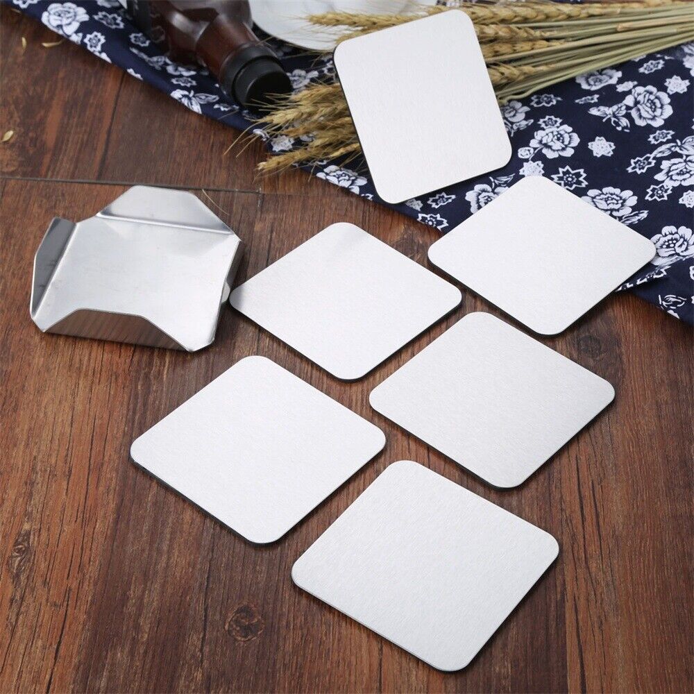 6pcs/Set Stainless Steel Coaster Cup Mats Pads Non-slip Pad With Holder Square