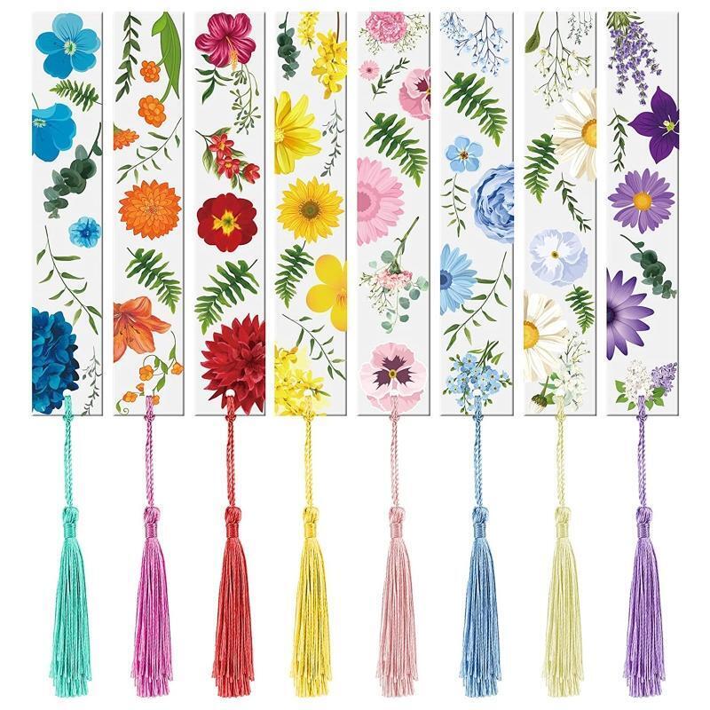 Exquisite Floral Bookmarks Clear Flower Page Marker w/ Colorful Silky Tassel 8x