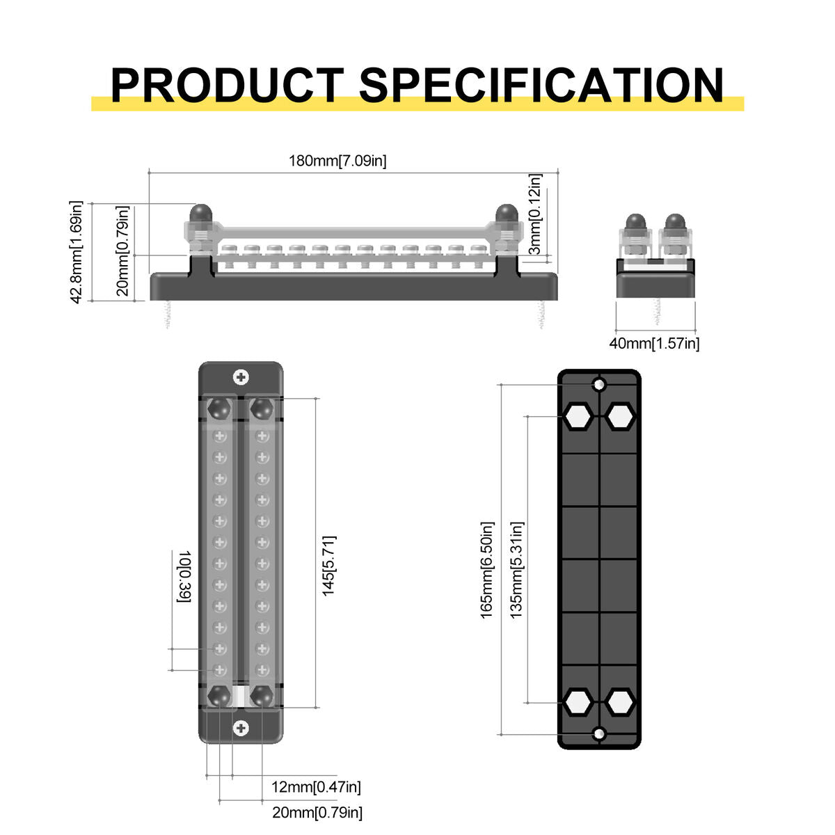 12 Way Dual Row Busbar Solid Plastic Base With Cover OP Terminal DC 150A Busbar