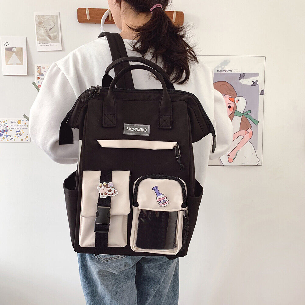 Preppy Style Women Hit Color Backpack Girls School Large Handbags (Black)