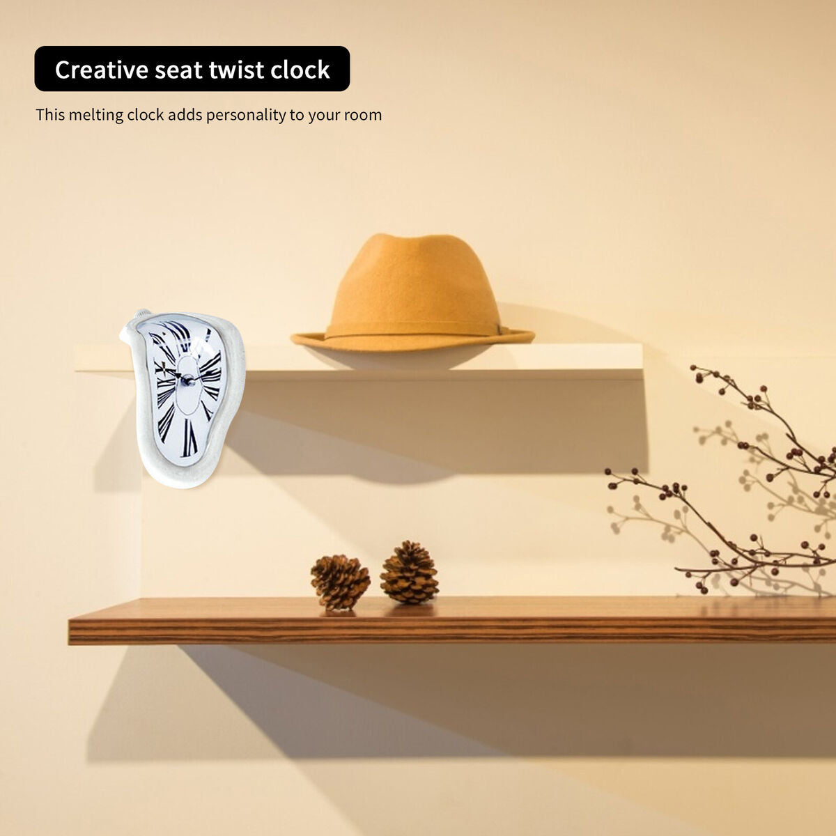 Melting Clock Modern Surrealistic Shelf Decor Distorted Clock (White)