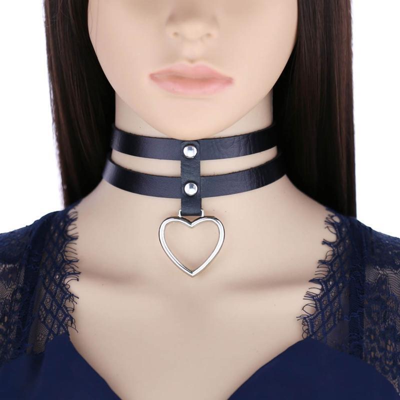 Adjustable Gothic Leather Choker Collar Layered Pu Heart Punk Choker Necklace