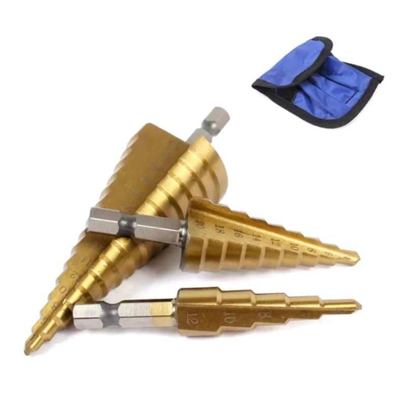 Multifunctional Titanium Coated Step Drill Bit  with Cloth Bag for Woodworking