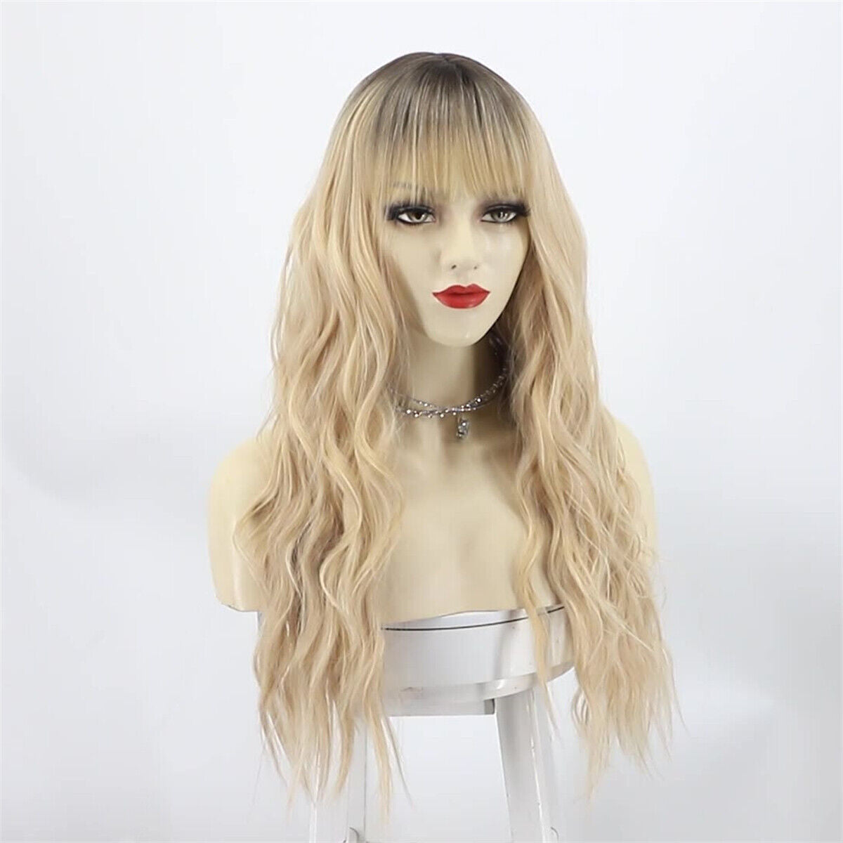Long Curly Wavy Gradient Synthetic Heat Resistant Hair Wigs with Bangs for Women