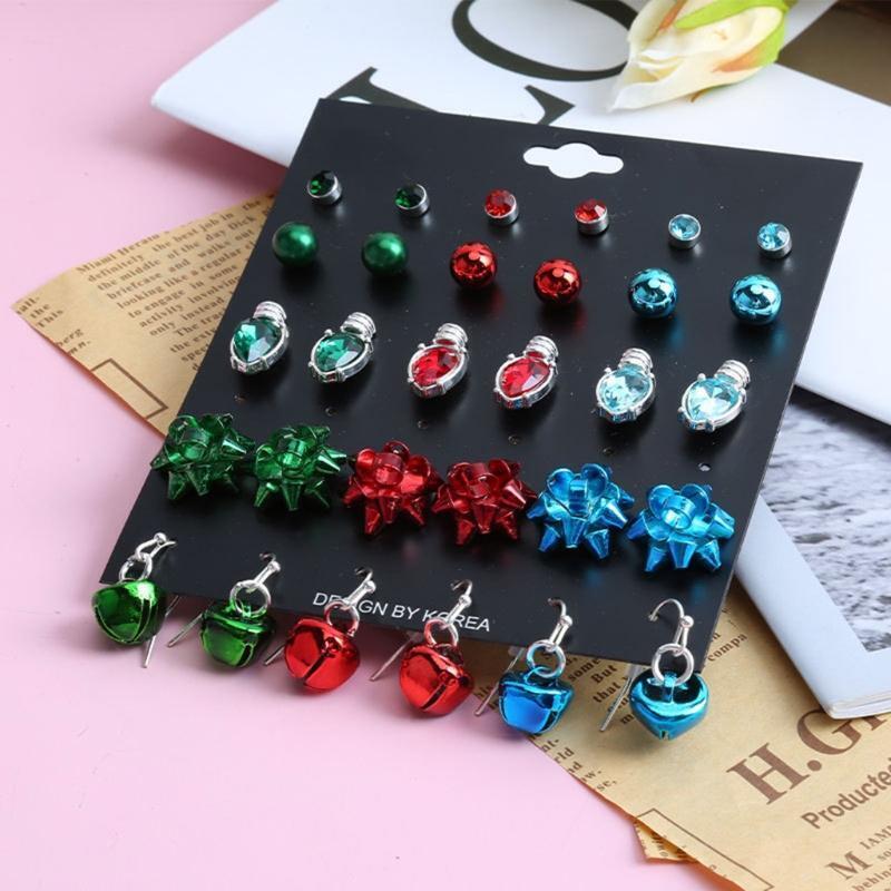 15 Pairs Cartoon Christmas Stud Earrings Women Personality Drop Dangle Ear Studs