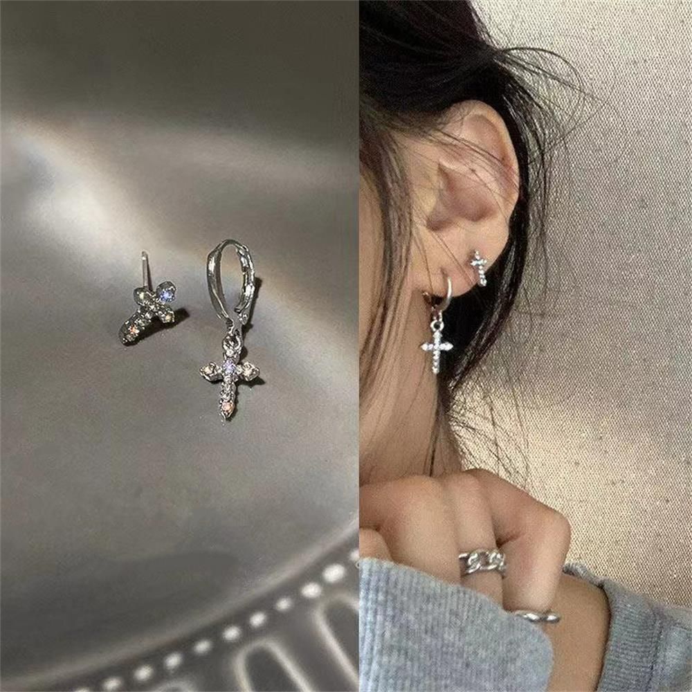Shinning Sparkle Earrings Asymmetry Stud Cross Earrings Zircon Crystal Earrings