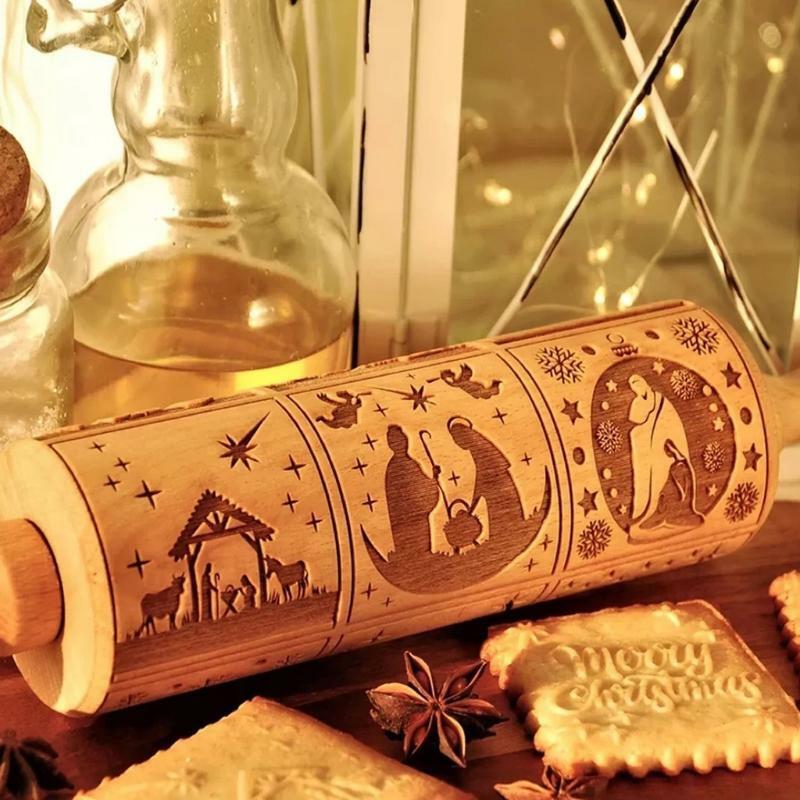 Engraved Embossing Rolling Pins with Christmas Nativity Christ Pattern Home Gift