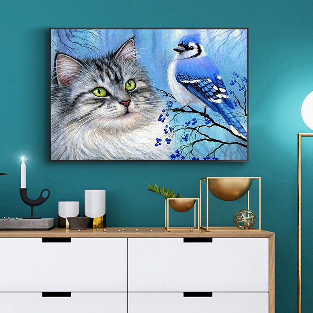 Cat Bird 5D DIY Full Round Drill Diamond Painting Animal Decor Mosaic Craft