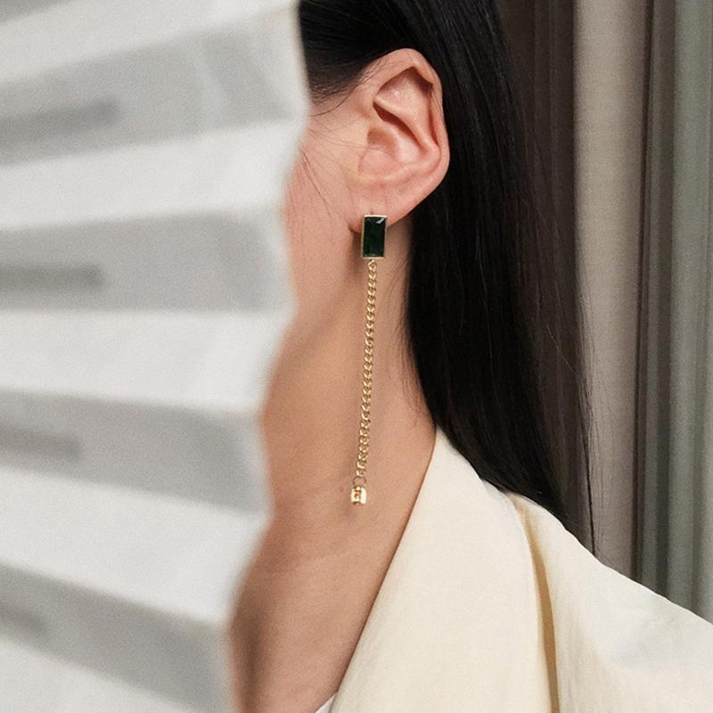 1 Pair Green Tassel Stainless Steel Earrings Temperament High Sense Earrings