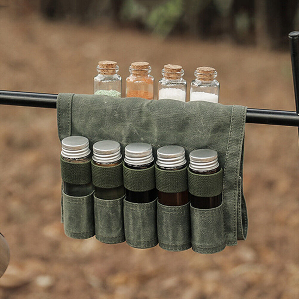 9pcs Camping Small Spice Bottles Set w/ Storage Bag Glass Jars (Dark Green)