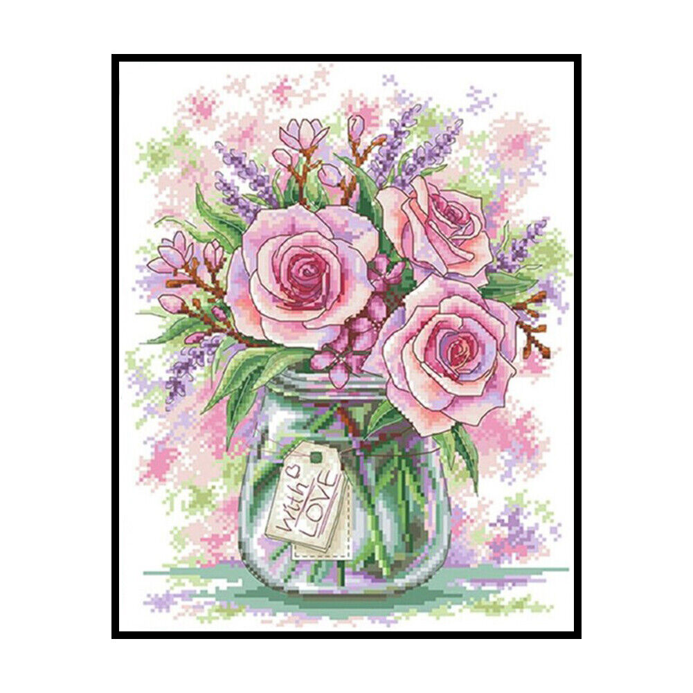 Partial Embroidery Kits Pink Rose 11CT Stamped Needlework Home Art Decor