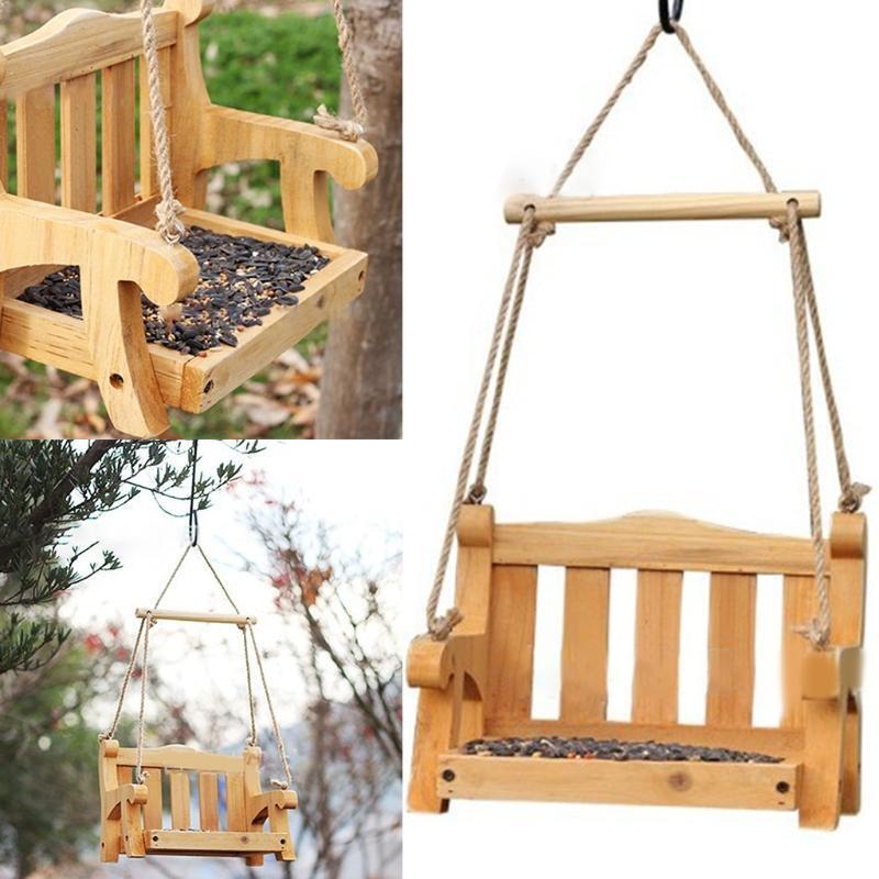 Hanging Bird Feeder Wooden Swing Bench Food Tray Outdoor Decor for Yard Balcony