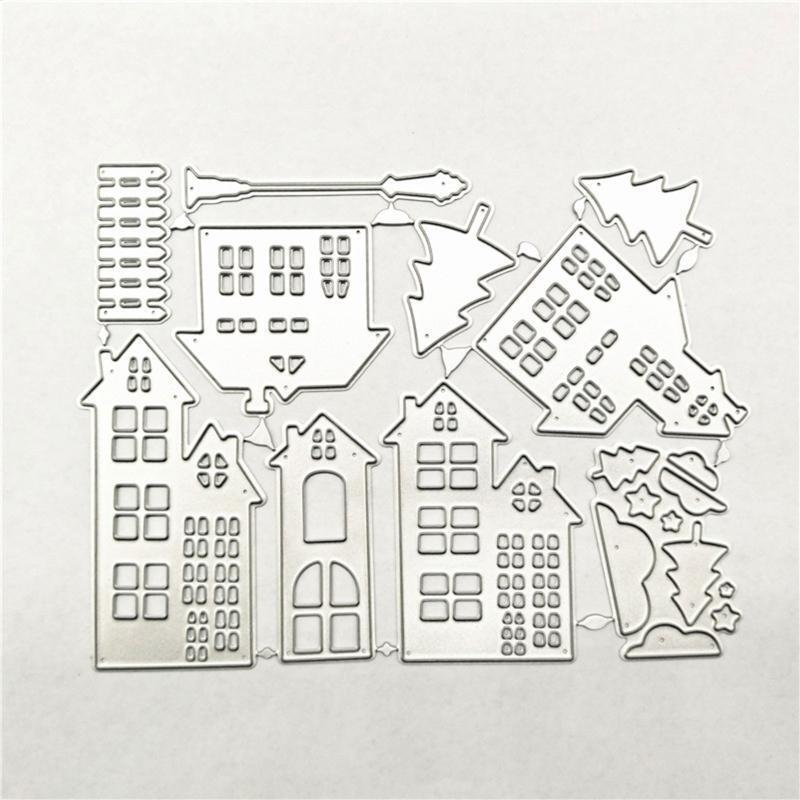 Village House Tree Streetlight Metal Cutting Dies Stencil DIY Embossing Template
