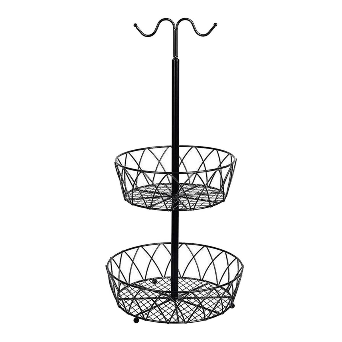 Metal Fruit Basket with Banana Hanger 2 Tier Storage Holder for Counter Home