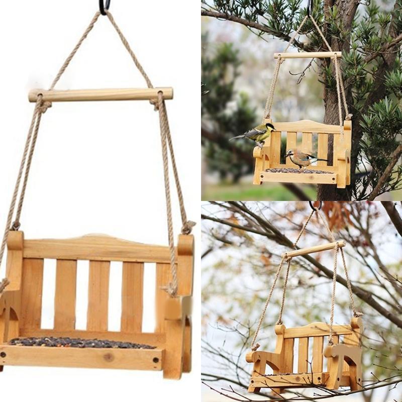 Hanging Bird Feeder Wooden Swing Bench Food Tray Outdoor Decor for Yard Balcony