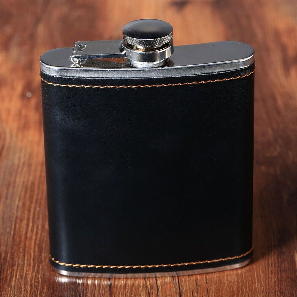 7oz Black PU Leather Steel Liquor Hip Flask Whiskey Alcohol Wine Flagon Bottle