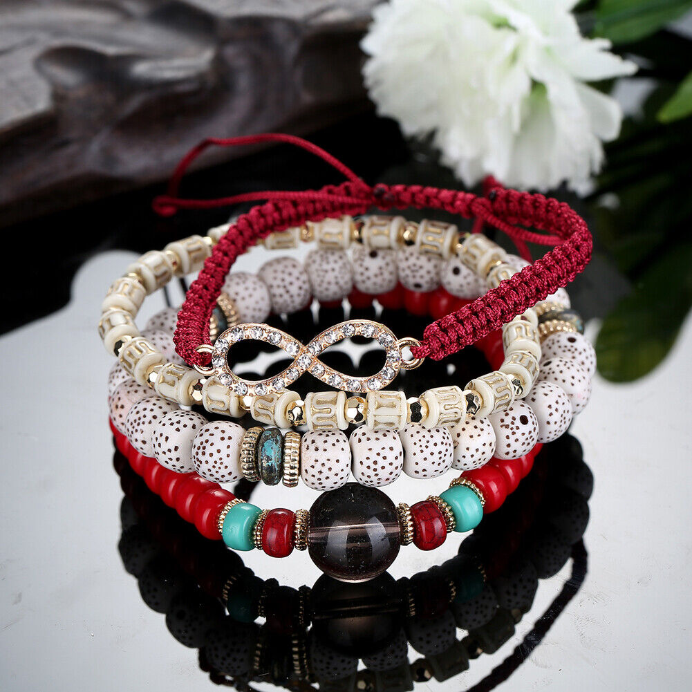 Top Tassel Woolen Multilayer Candy Color Beads Strech Bracelet (Red)