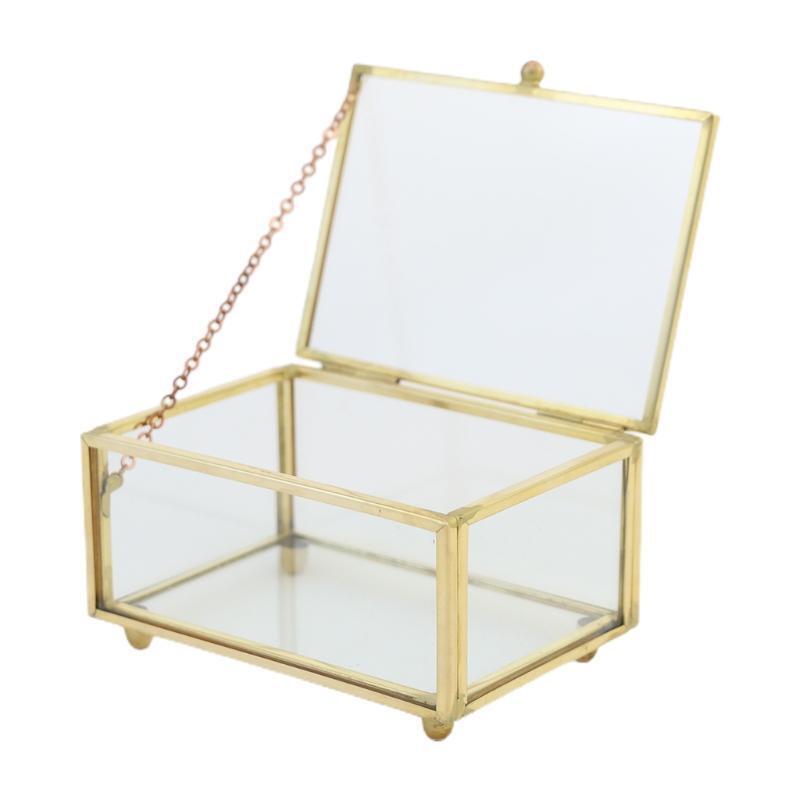 Clear Glass Rectangular Metal Jewelry Box Decorative Slanted Top Lid Shadow Box