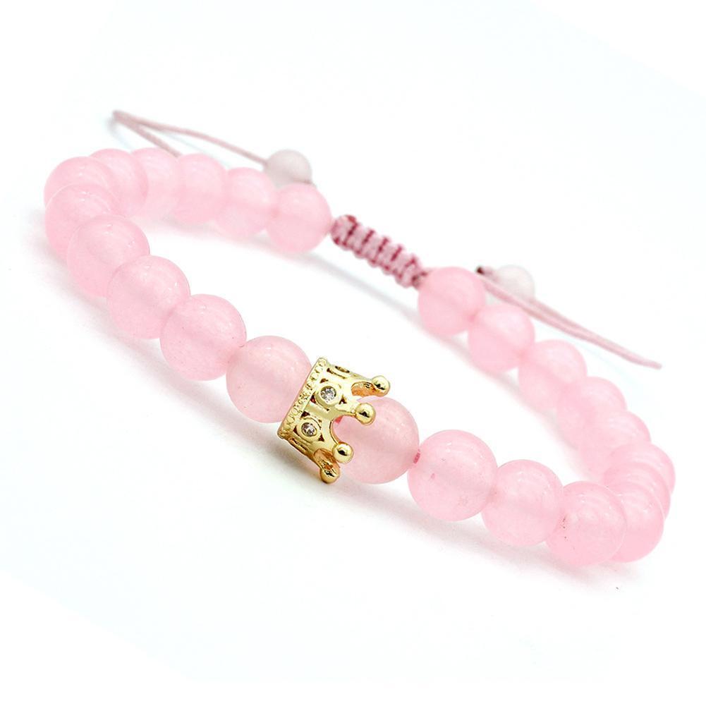 Fashion Women Zircon Crown Pink Stone Strand Bracelet Beads Bangle Jewelry