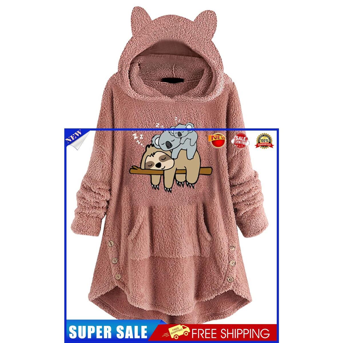 Sherpa Hood Wearable Blanket Plush Fleece Blanket Sweatshirt (Sloth Pink M)