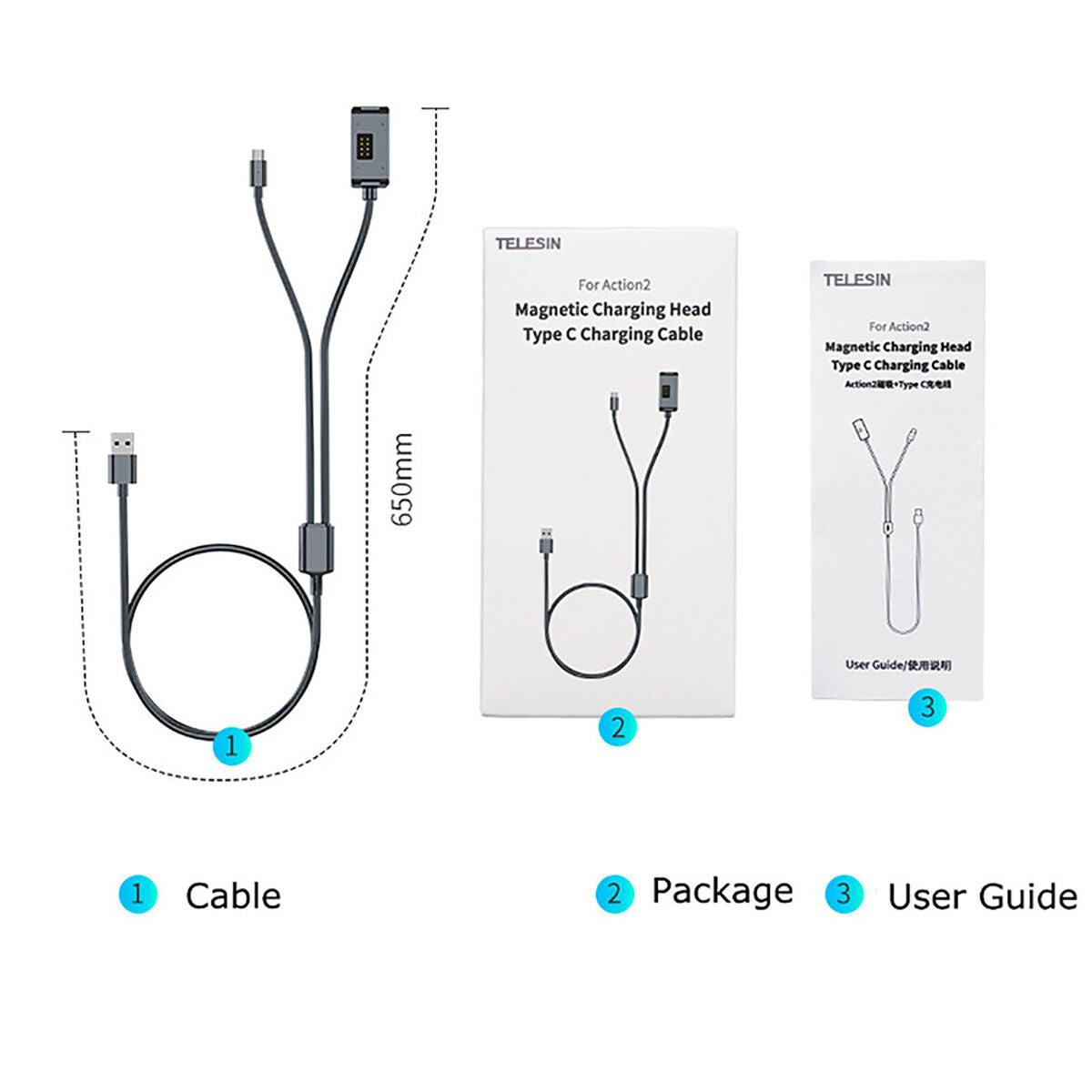 For Action 2 Camera 2 IN 1 Charging Cable Magnetic Base Type-C Data Cable 5V/4A