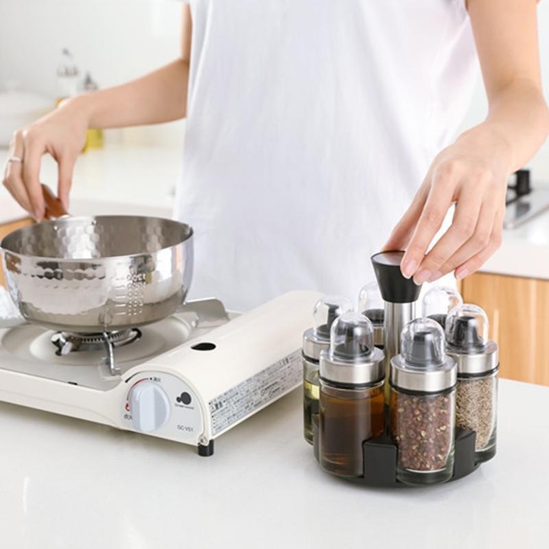 360° Rotation Spice Jar Holder with 6 Empty Bottle Salt Soy Sauce Dispenser Rack