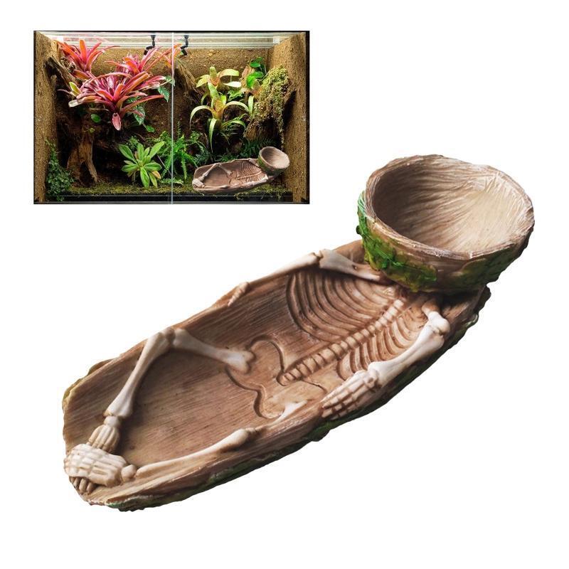 Skeleton Reptile Food Bowl Amphibian Pet Cage Rock Decoration Water Injection