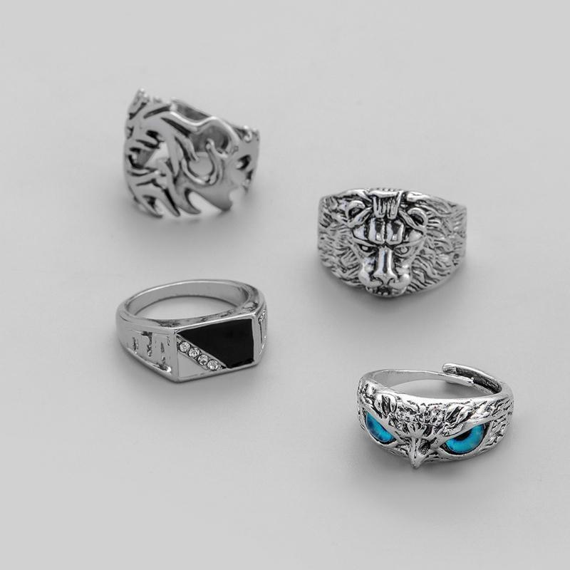 4Pcs Men's Punk Rings Gifts Hip Hop Cross Owl Rings Exaggerated Street Rings