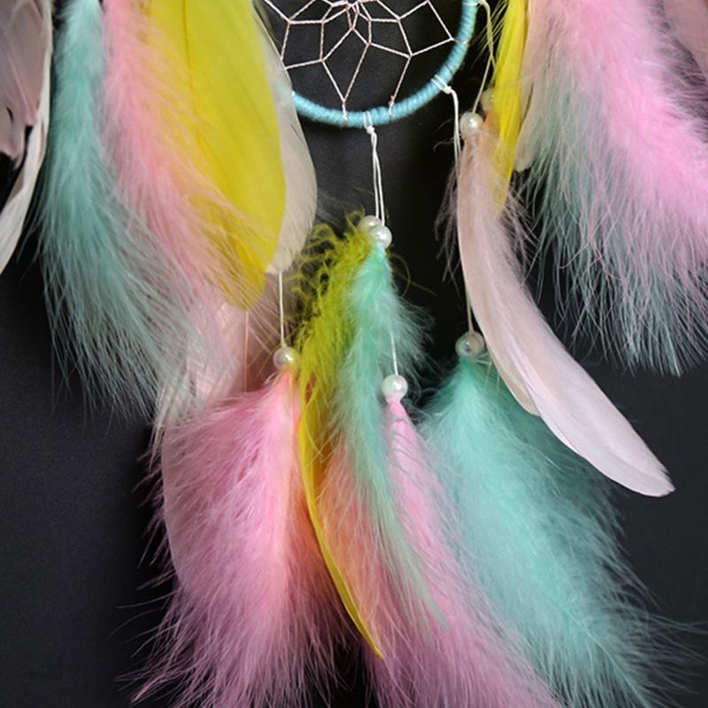 Woven Heart 5 Rings Dream Catcher with Colorful Feather Wall Hanging Ornament