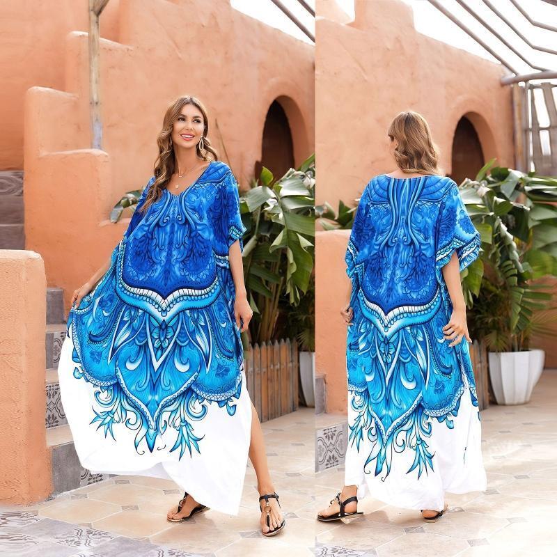 Women Beach Bikini Cover Up Robe V-Neck Kaftan Blue White Floral Maxi Long Dress