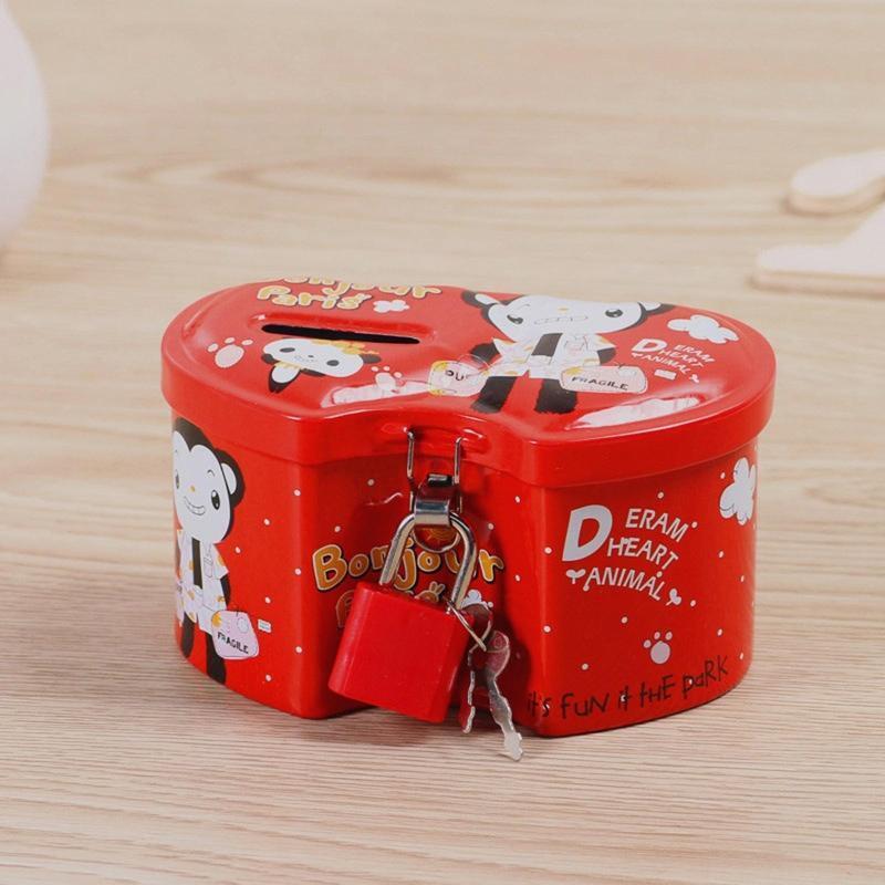 Small Double Heart Piggy Bank Metal Tinplate Coin Storage Box with Lock