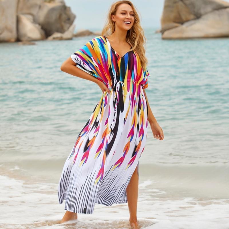 Women Boho Rainbow Stripes Print Bathing Suit Cover Up Beach Long Dress Kaftans