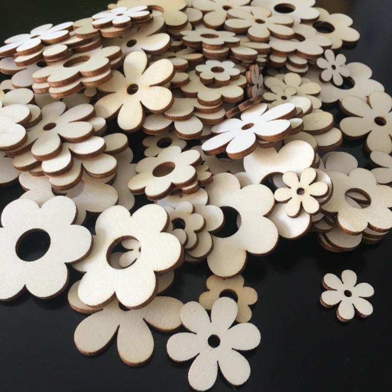 Wooden Plum Bossom Shaped Wood Chips 50 Pcs Unfinished Hollow Blank Flower Chip