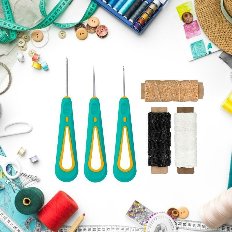 Leather Tools Kit DIY Craft Sewing Tools Kit 3 Rubber Awl 3 Rolls Waxed Thread