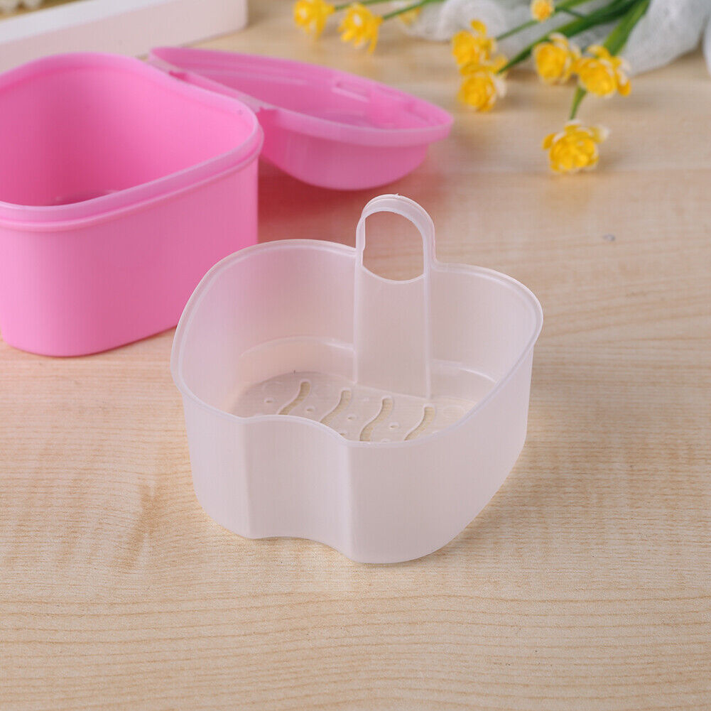 Dental False Teeth Storage Box with Hanging Net Container Organizer (Pink)