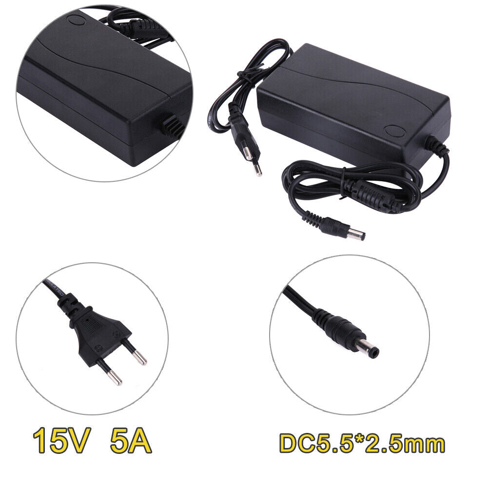 15V 5A AC to DC Power Adapter Dual Cable Converter Universal 5.5x2.1-2.5mm