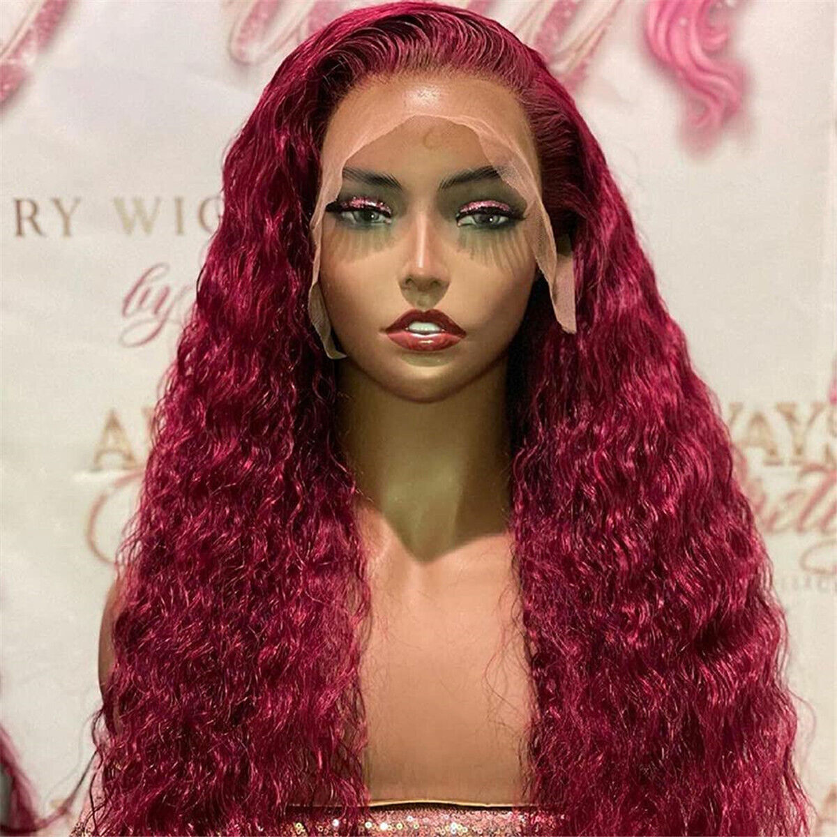 Lace Wig Loose Curly Lace Front Wigs Dark Red Long Water Wave Synthetic Wig