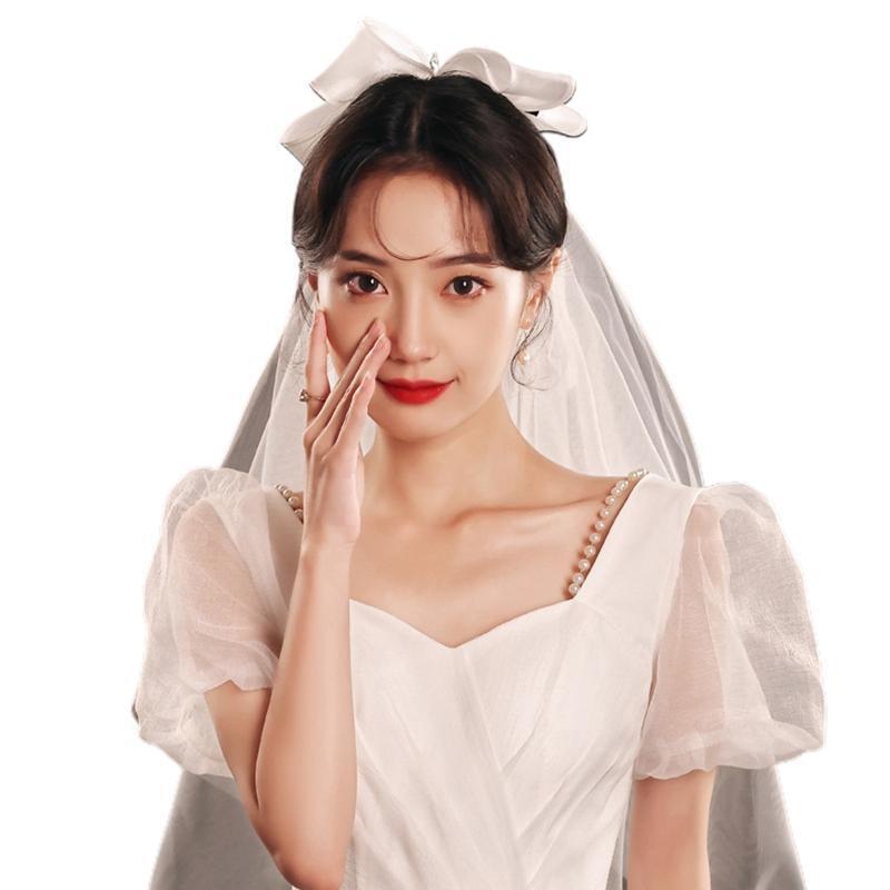 Wedding Veil with White Ribbon Bow 2 Tier Hair Accessories for Brides Short