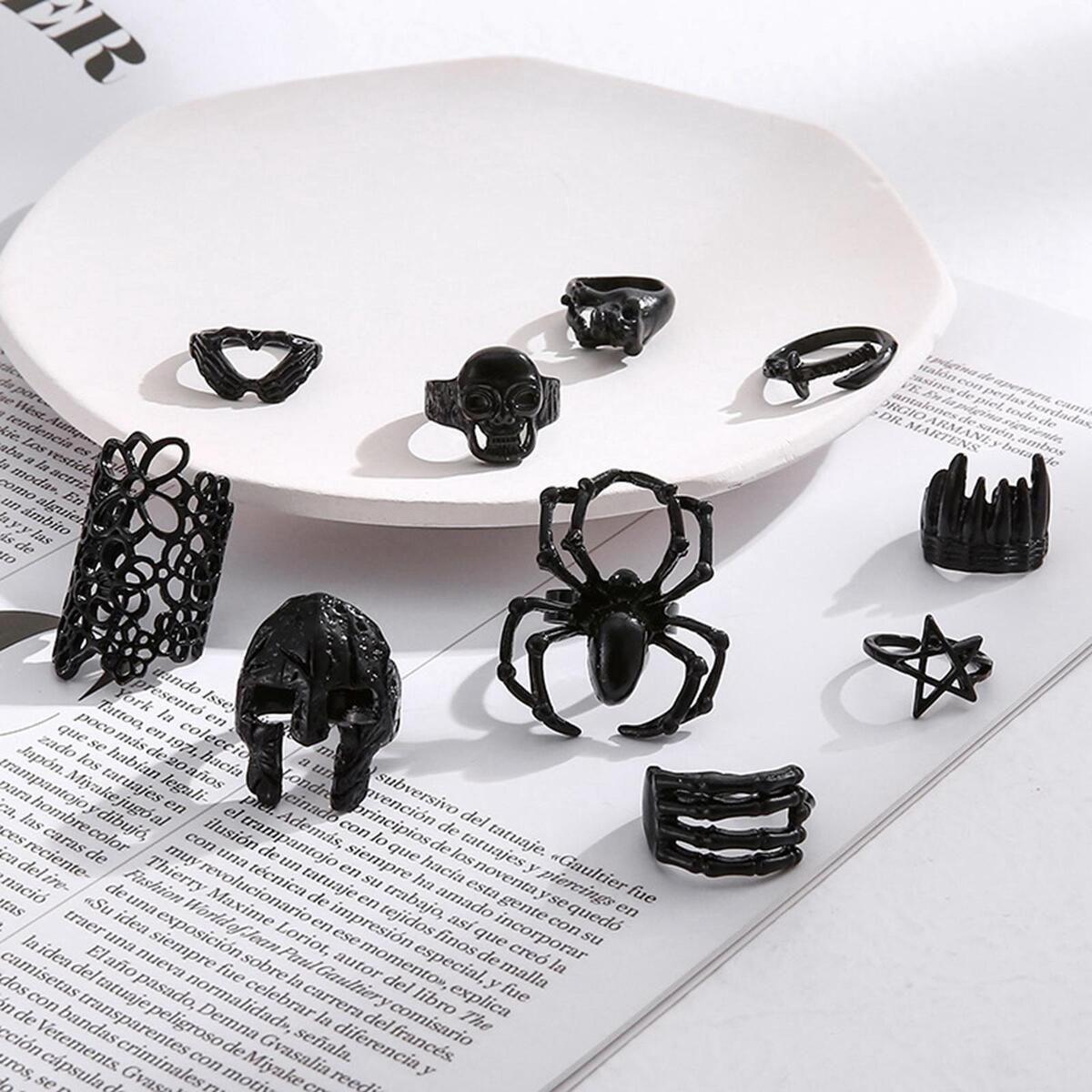10 Pieces Stylish Punk Alloy Ring Set Decoration Statement Ring Temperament