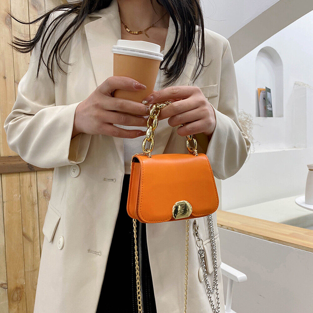 Designer Women Chain PU Leather Shoulder Bag Mini Square Handbag (Orange)
