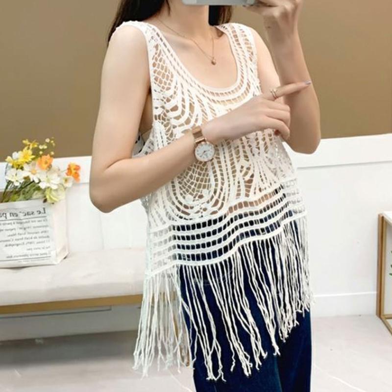 Women Hollow Crochet Lace Boho Sleeveless Vest Sheer Long Tassel Tank Top Blouse