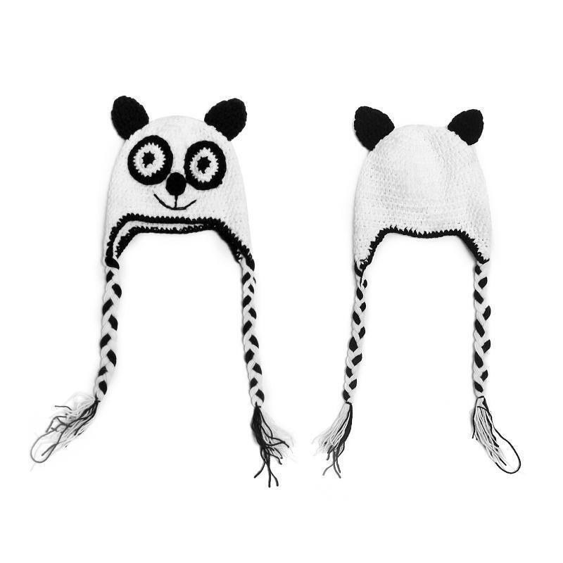 Handmade Baby Knitted Hat with Braids Cute Panda Beanie Hat for Infant Girl Boy