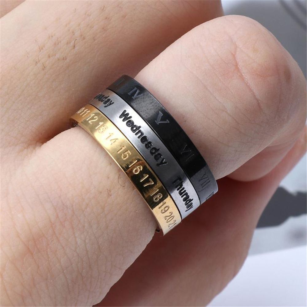 Steel Biker Date Time Calendar Roman Numerals Rings 3 Part Punk Rotatable