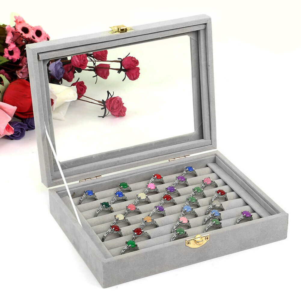 Velvet Glass Jewelry Ring Display Box Tray Holder Storage Box Organizer