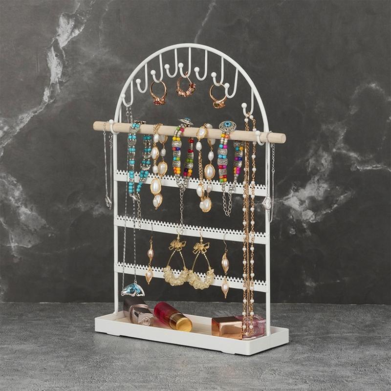 Tiered Jewelry Display Rack Metal Jewelry Organizer with Wooden Tray & Hook