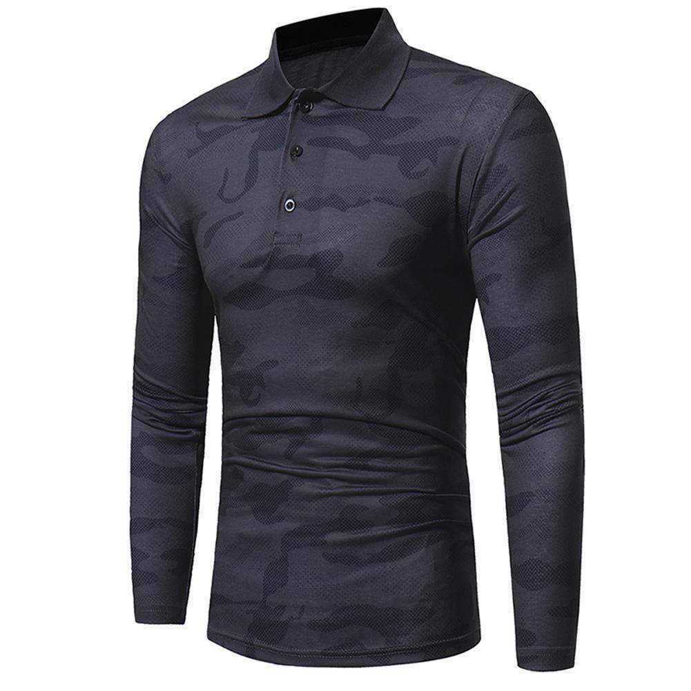 Men Long Sleeve Camouflage Lapel T-shirt Army Military Cotton Top(Grey L)